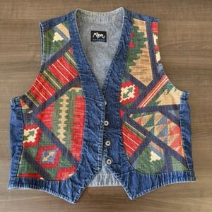 Vintage Roper Womens Denim Vest Size Large Western Rodeo‎ Cotton Geometric Aztec